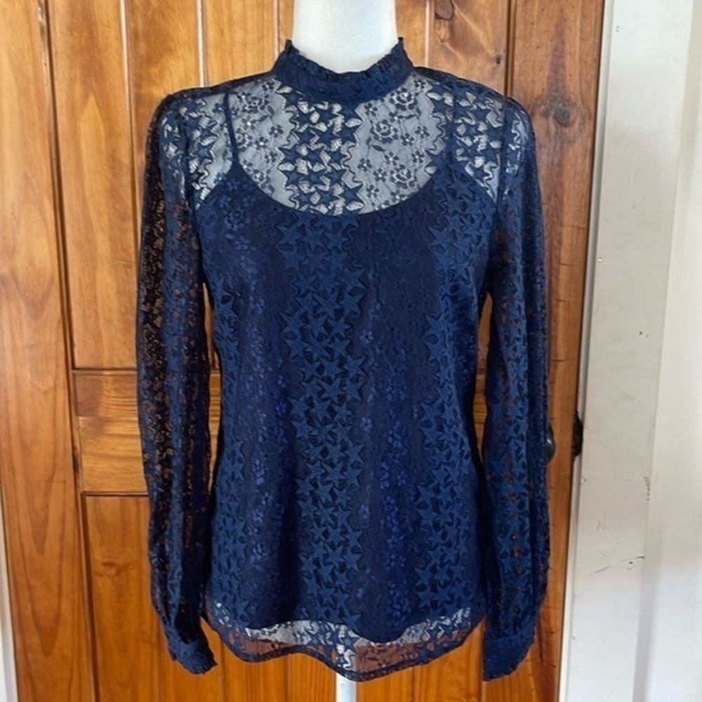 Modcloth Navy Blue Lace Long Sleeve Top Medium Star floral Print With cami